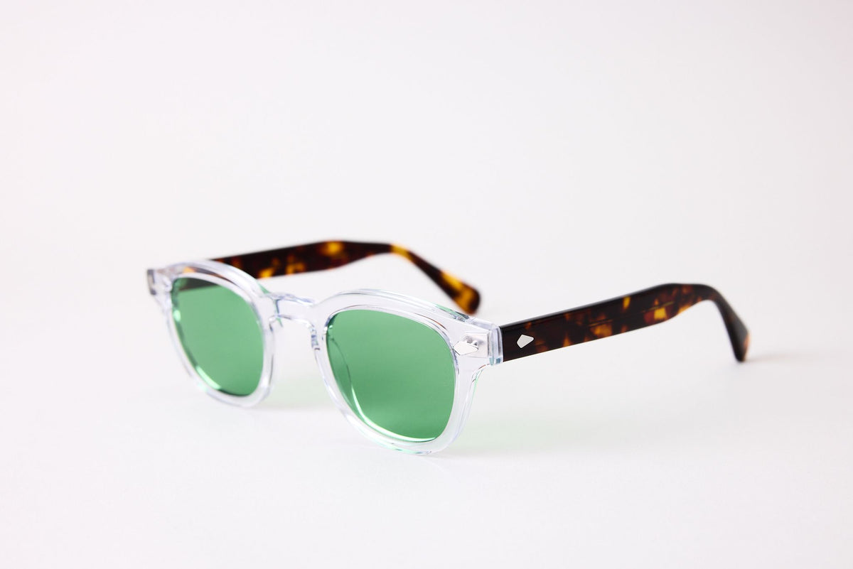 Small - NEW YORK EYERISH, Causeway. Clear Frame with Dark Tortoise Temples with Racing Green Lenses