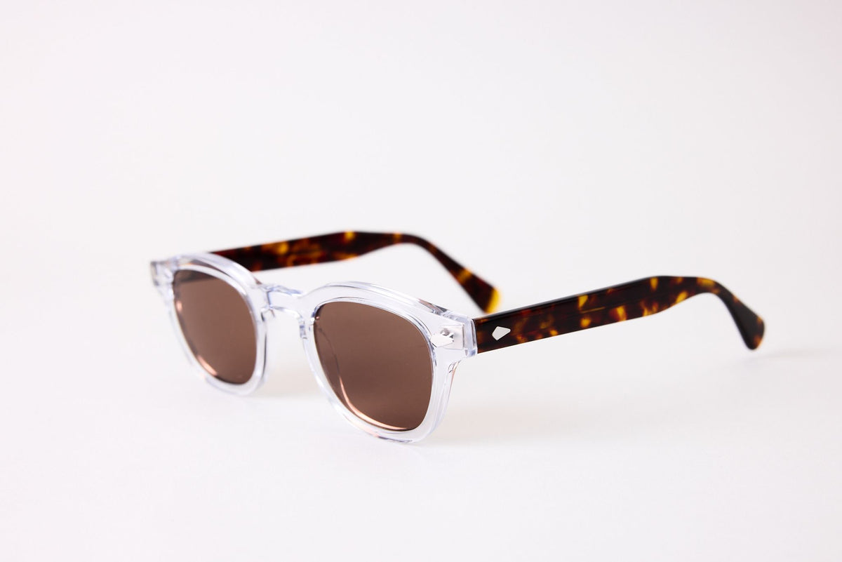 Small - NEW YORK EYERISH, Causeway. Clear Frame with Dark Tortoise Temples with Amber Lenses