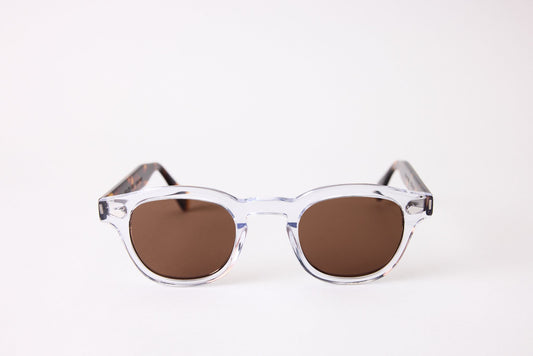 Small - NEW YORK EYERISH, Causeway. Clear Frame with Dark Tortoise Temples with Amber Lenses