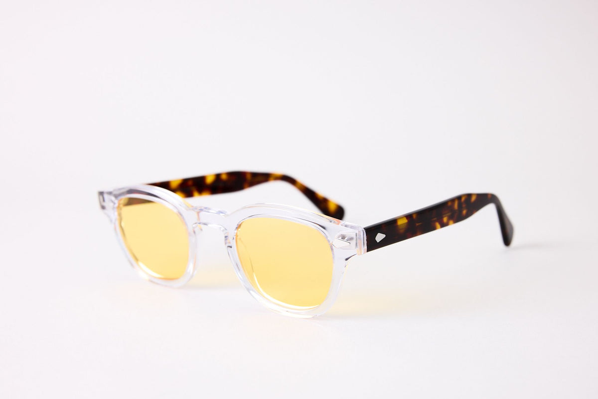 Small - NEW YORK EYERISH, Causeway. Clear Frame with Dark Tortoise Temples with Yellow Lenses
